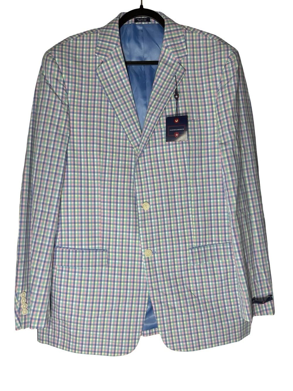 Saddlebred Blazer 44L Pastel Plaid Pink Blue Cotton Sport Coat Preppy Ivy NWT